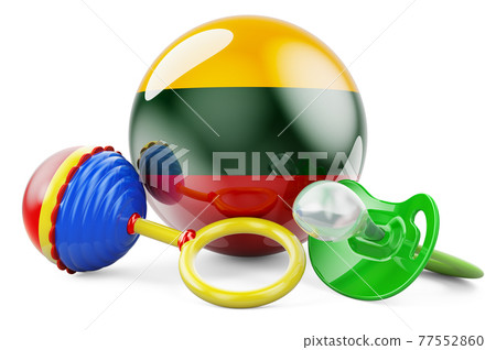 Birth rate and parenting in Lithuania concept. Baby pacifier and baby rattle with Lithuanian flag, 3D rendering Birth rate and parenting in Lithuania concept. Baby pacifier and baby rattle with Lithuanian flag, 3D rendering 77552860