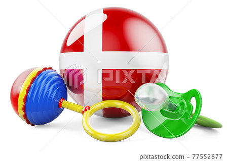 Birth rate and parenting in Denmark concept. Baby pacifier and baby rattle with Danish flag, 3D rendering 77552877