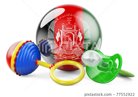 Birth rate and parenting in Afghanistan concept. Baby pacifier and baby rattle with Afghan flag, 3D rendering Birth rate and parenting in Afghanistan concept. Baby pacifier and baby rattle with Afghan flag, 3D rendering 77552922