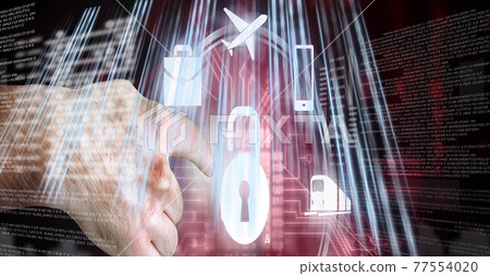 Male hand over data processing and padlock and travel icons, digital security concept 77554020