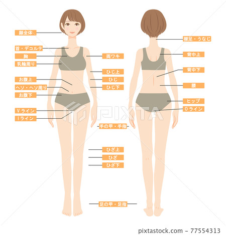 Full-body illustration of a bob-cut woman in a swimsuit Image of hair loss area Front and back 01 77554313