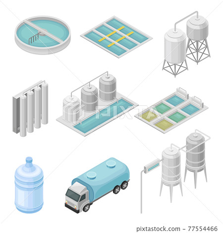 Water Purification Process with Filtration, Sedimentation and Distillation in Cylindrical Tanks and Reservoir Isometric Vector Set 77554466