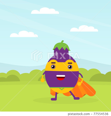 Funny Eggplant Hero in Mask and Cloak Standing on Green Lawn Vector Illustration 77554536