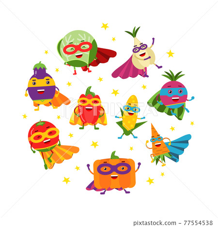 Funny Vegetable Hero in Mask and Cloak Rushing to Rescue Vector Round Composition 77554538