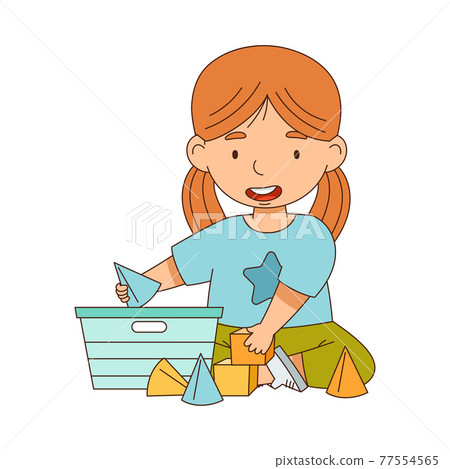 Happy Girl with Ponytails Playing Toy Blocks in the Nursery Vector Illustration Happy Girl with Ponytails Playing Toy Blocks in the Nursery Vector Illustration 77554565