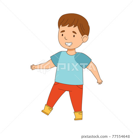 Happy Boy Wearing Rubber Boots Walking Engaged in Spring Season Activity Vector Illustration 77554648
