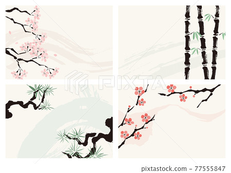 日式松竹梅櫻花水墨可愛背景裝飾插畫素材套裝 77555847