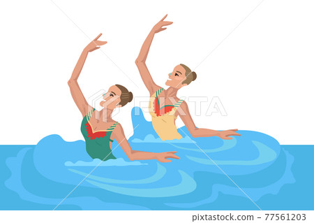Girls in the pool, synchronized swimming, performing an exercise, dance in the water, sportswoman's den 77561203