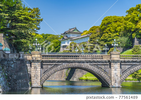 東京皇居外苑二重橋和伏見砲塔的城市景觀 77561489