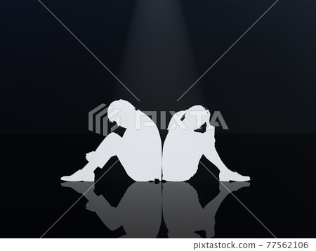 憂心忡忡的年輕人，男女學生的剪影，背靠背，聚光燈，在 CG 插圖旁邊 77562106