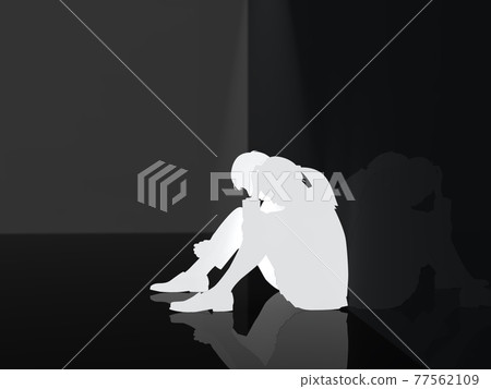 憂心忡忡的年輕人，男女學生的剪影，黑暗的房間，聚光燈，CG 插圖旁邊 77562109