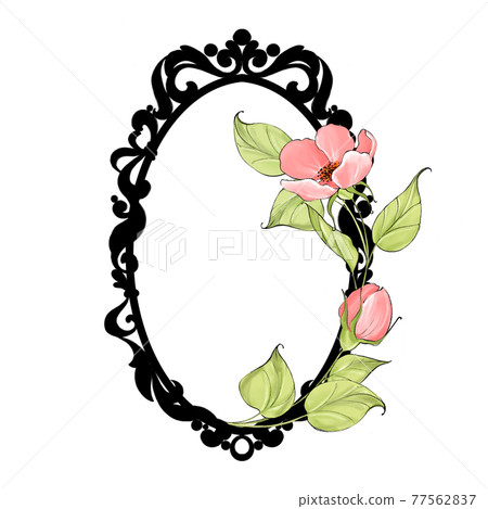 Vintage black baroque frame with flowers. Border. Decorative design element 77562837