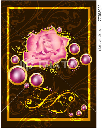 Abstract oriental frame with decorative golden ornament and a rose. Design for fashion banner, cover, save the date card, wedding or birthday party invitation. Abstract oriental frame with decorative golden ornament and a rose. Design for fashion banner, cover, save the date card, wedding or birthday party invitation. 77568091