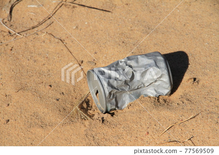 沙特阿拉伯，一個被遺棄在沙漠中並腐爛的空罐子 77569509