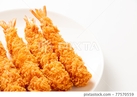 Fried shrimp (white plate, white background). Fried shrimp (white plate, white background). 77570559