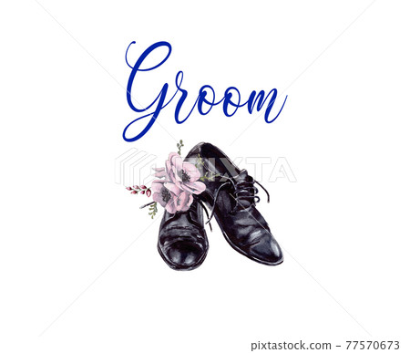 illustration of the word groom and the groom's black shoes, decorated with watercolor flowers, template for wedding invitations 77570673