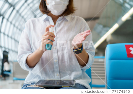 Disinfectant sprayers and germs that adhere on objects on the surface. prevent infection Covid 19 viruses or coronavirus And various pathogens. concept healthcare system ,stay safe and hand sanitizer. 77574140