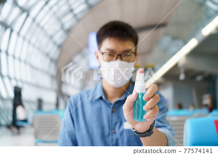 Disinfectant sprayers and germs that adhere on objects on the surface. prevent infection Covid 19 viruses or coronavirus And various pathogens. concept healthcare system ,stay safe and hand sanitizer. 77574141