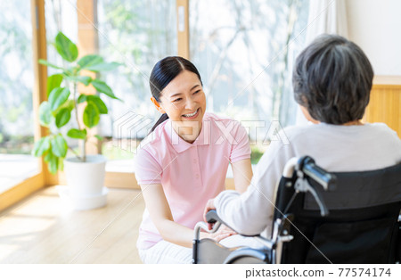 Wheelchair senior and middle care worker 77574174