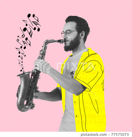 Contemporary art collage, modern design. Retro style. Stylish hipster, man playing saxophone on pink background 77575073