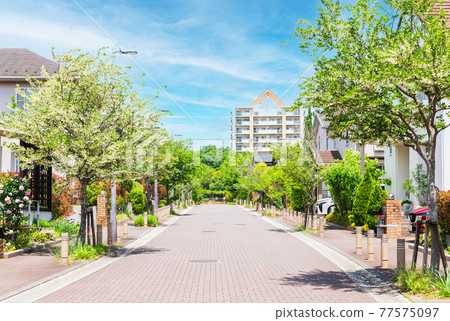 安靜的居住區，無電線的城鎮 77575097