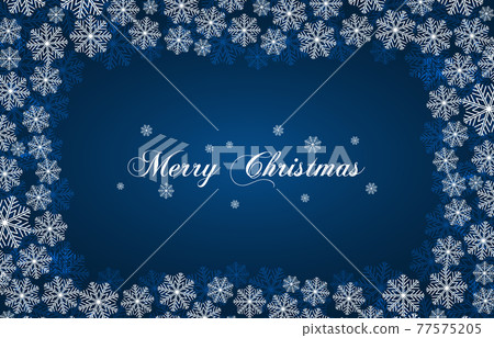 Blue New Year background with white snowflakes and inscription Merry Christmas. Snowfall. For Christmas design 77575205