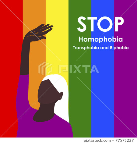 Stop Homophobia. Black LGBT woman raised her hand in protest May 17 - The International Day Against Homophobia, Transphobia and Biphobia. Vector illustration in flat style. Eps 10. Stop Homophobia. Black LGBT woman raised her hand in protest May 17 - The International Day Against Homophobia, Transphobia and Biphobia. Vector illustration in flat style. Eps 10. 77575227
