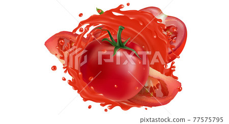 Whole and sliced tomatoes in a vegetable juice splash. 77575795
