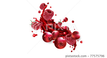 Splash of fruit juice with fresh cranberries and raspberries. 77575796