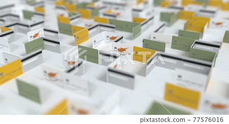 Flag of Cyprus on the mockup credit card maze. Financial difficulties related 3D rendering 77576016