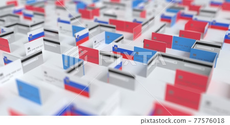 Fictional credit card maze with flag of Slovenia. Financial difficulties related 3D rendering Fictional credit card maze with flag of Slovenia. Financial difficulties related 3D rendering 77576018