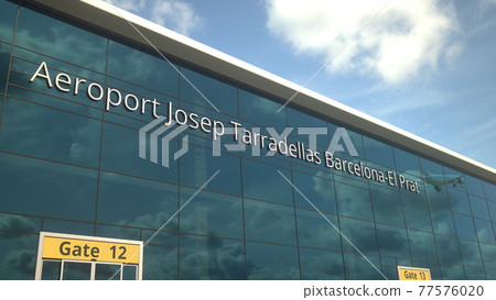 Commercial plane take off reflecting in the windows with Aeroport Barcelona El Prat or Barcelona Airport text, 3d rendering Commercial plane take off reflecting in the windows with Aeroport Barcelona El Prat or Barcelona Airport text, 3d rendering 77576020