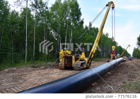 Natural gas pipeline project. Pipes for oil and gas pipelines construction.  77576116