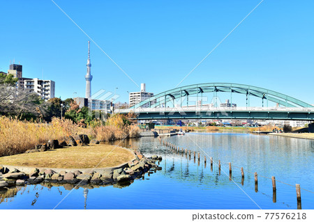 View toward Koto Shinbashi / Kyunaka River from the vicinity of Kameari Central Park (Koto-ku, Tokyo) [2020.12] 77576218