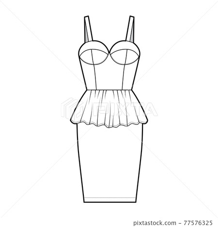 Peplum bustier dress technical fashion illustration with shoulder straps, cups, fitted body, knee length skirt apparel  77576325