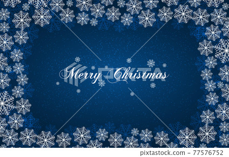 Blue New Year background with white snowflakes and inscription Merry Christmas. Snowfall. For Christmas design 77576752
