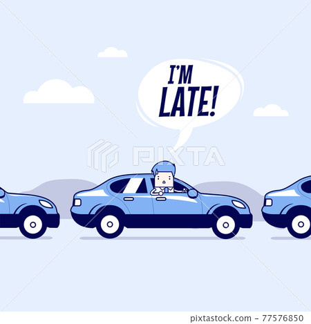 Businessman on the road with traffic jam, Late for work. Cartoon character thin line style vector. 77576850