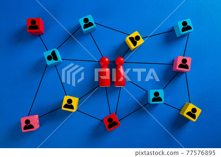 Wooden cube block print screen person icon which link connection network for organisation structure Wooden cube block print screen person icon which link connection network for organisation structure 77576895
