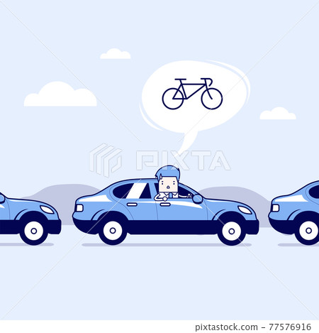 Businessman on the road with traffic jam, Thought to work by bike better. Businessman on the road with traffic jam, Thought to work by bike better. 77576916