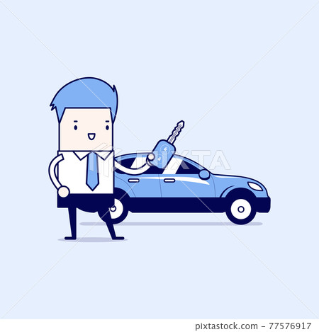 Businessman holding a key of a new car. Cartoon character thin line style vector. Businessman holding a key of a new car. Cartoon character thin line style vector. 77576917