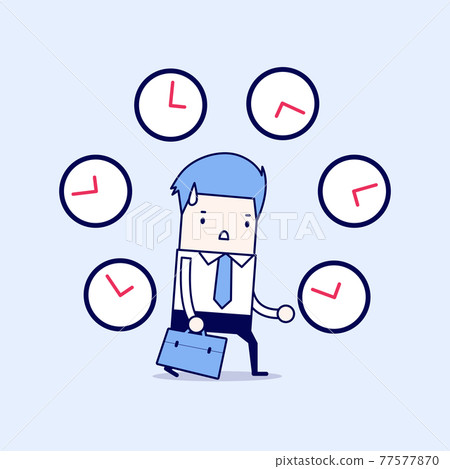 Businessman with many clocks. Cartoon character thin line style vector. 77577870