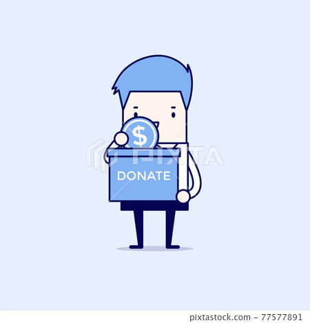 Businessman putting coin in the donation box. Cartoon character thin line style vector. Businessman putting coin in the donation box. Cartoon character thin line style vector. 77577891