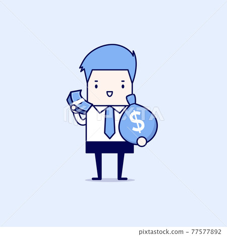 Businessman holds in hand money. Cartoon character thin line style vector. Businessman holds in hand money. Cartoon character thin line style vector. 77577892