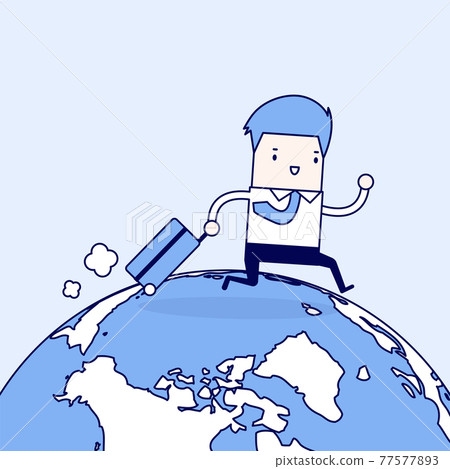 Businessman with suitcase walking around the world. Cartoon character thin line style vector. Businessman with suitcase walking around the world. Cartoon character thin line style vector. 77577893
