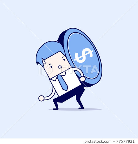 Businessman carrying big and heavy gold coin on his back. Cartoon character thin line style vector. 77577921