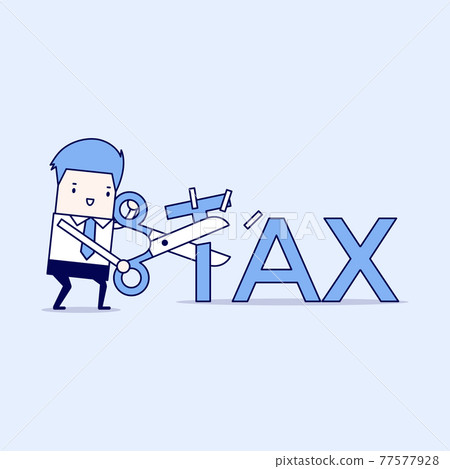 Businessman with scissors cutting big T letter. Reduce Tax Business concept. Cartoon character thin line style vector. Businessman with scissors cutting big T letter. Reduce Tax Business concept. Cartoon character thin line style vector. 77577928