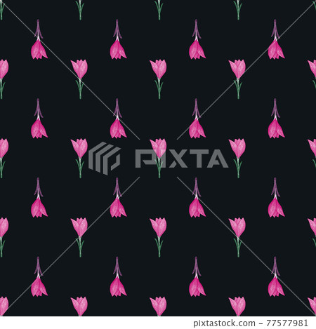 Contrast seamless pattern in doodle hand drawn style with pink crocus flowers on black background. 77577981
