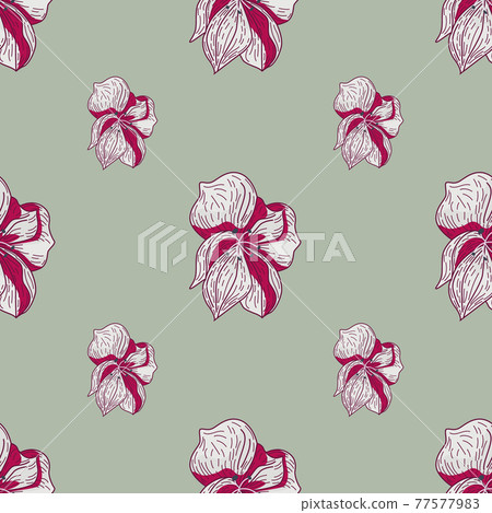 Bloom seamless pattern with pink outline flower buds shapes. Light green background. Simple artwork. 77577983