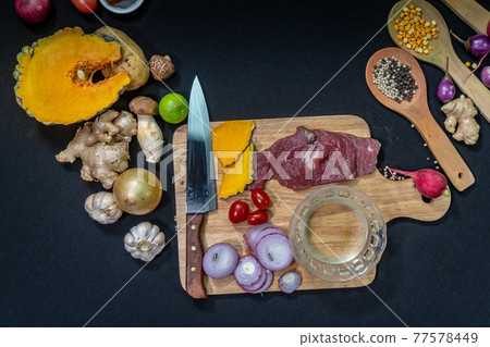 top view Fresh meat on a cutting board. top view Fresh meat on a cutting board. 77578449