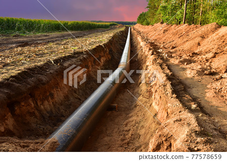 Construction Gas Pipeline Project on amazing sunset background. Natural Gas and Crude  77578659